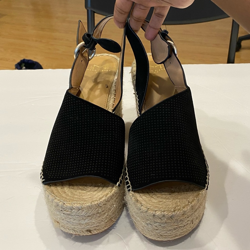 ❤️SOLD❤️Marc Fisher LTD Black Suede Andela Espadrille Wedge Sandals - Picture 9 of 9